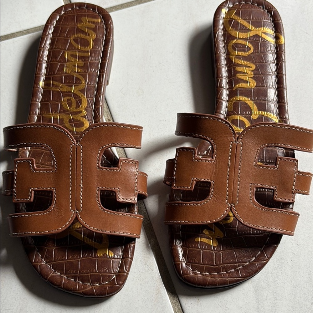 Sam Edelman Brown Leather Slide Sandals with Geometric Cut-Outs
